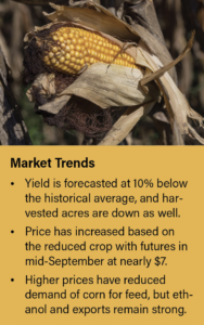 Market Trends: Yield is forecasted at 10% below the historical average, and harvested acres are down as well. Price has increased based on the reduced crop with futures in mid-September at nearly $7. Higher prices have reduced demand of corn for feed, but ethanol and exports remain strong. 